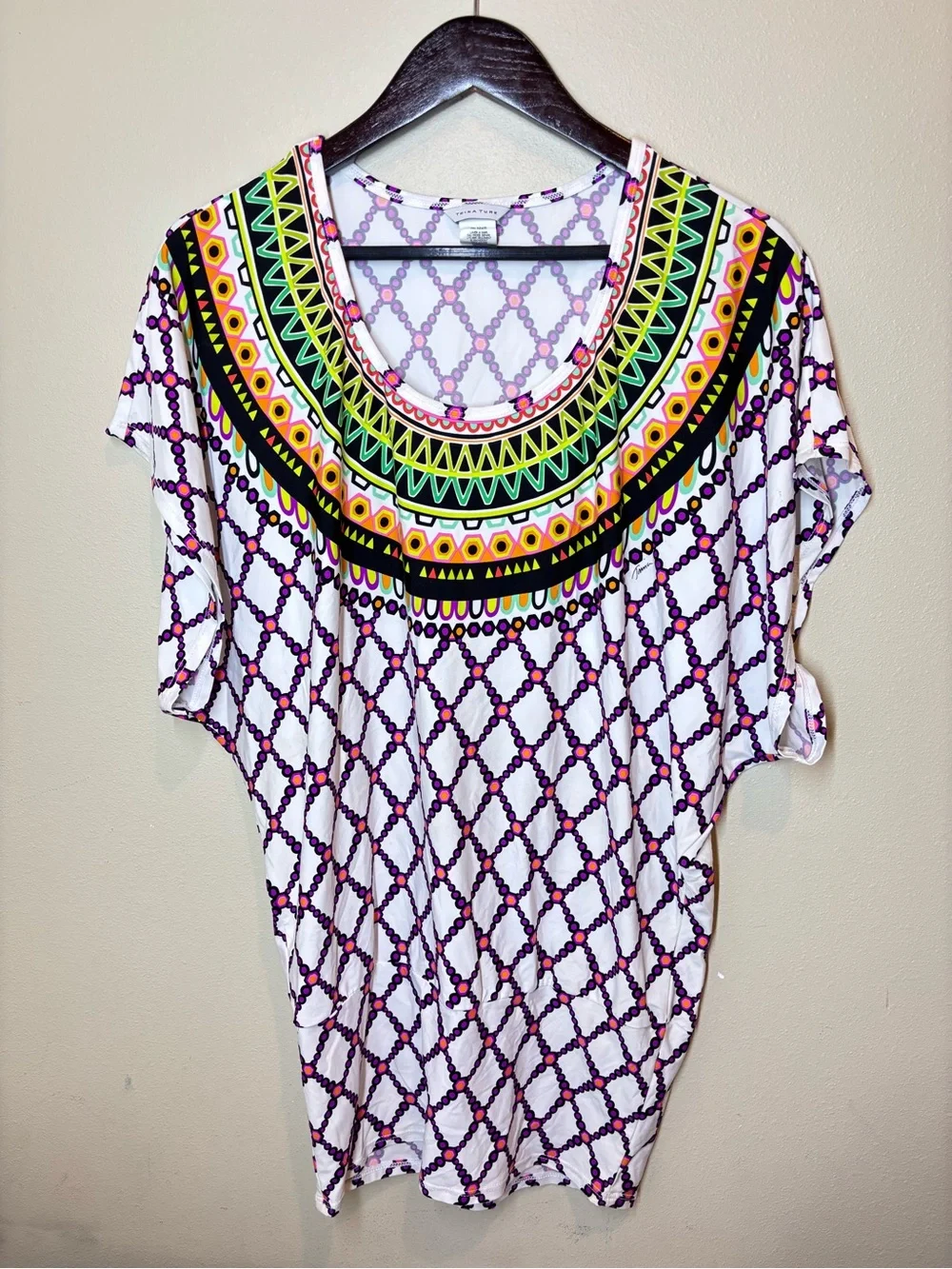 Trina Turk Kon Tiki White Tunic Stretch Jersey Cover Up Dress, Small, vacation